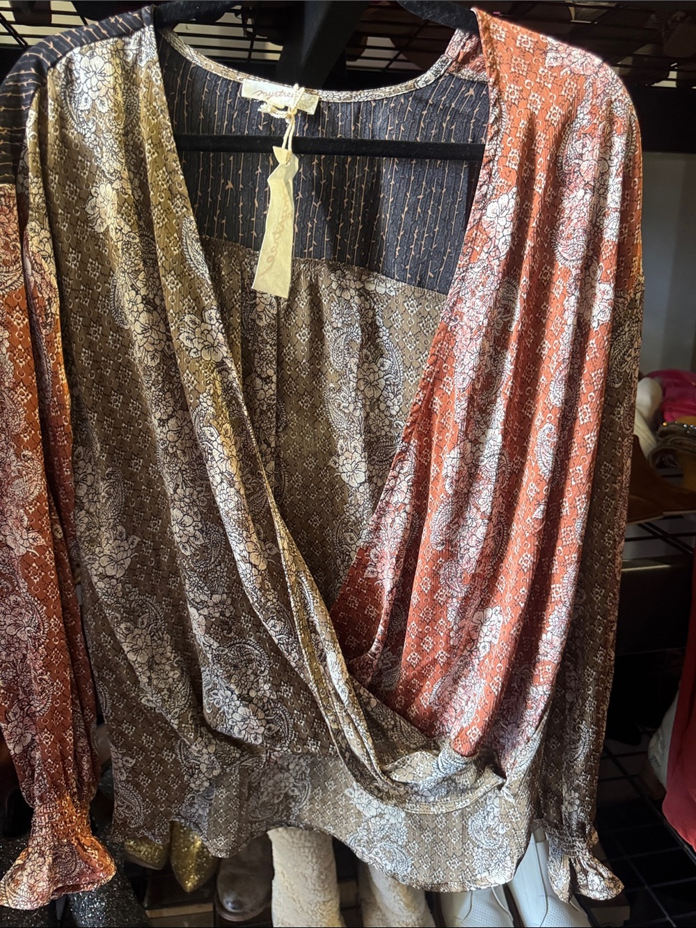 Mystree Brown and Rust Printed Surplice Blouse